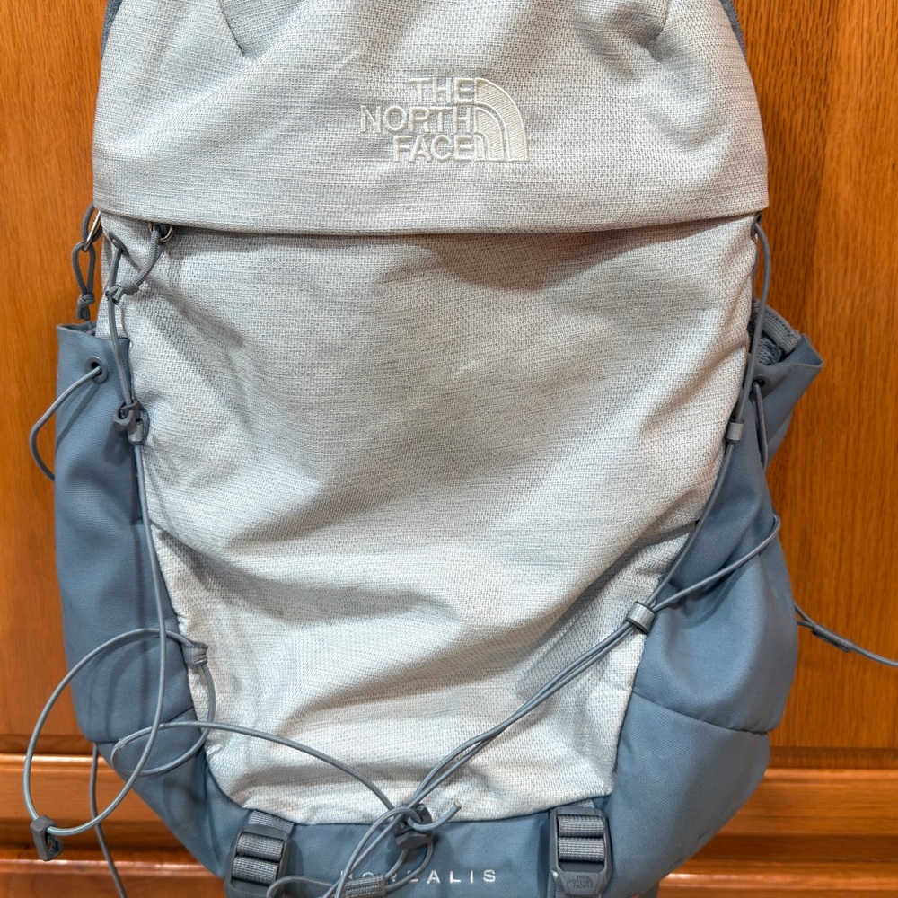 The North Face Women's Borealis backpack in a light‎ gray and blue colorway.